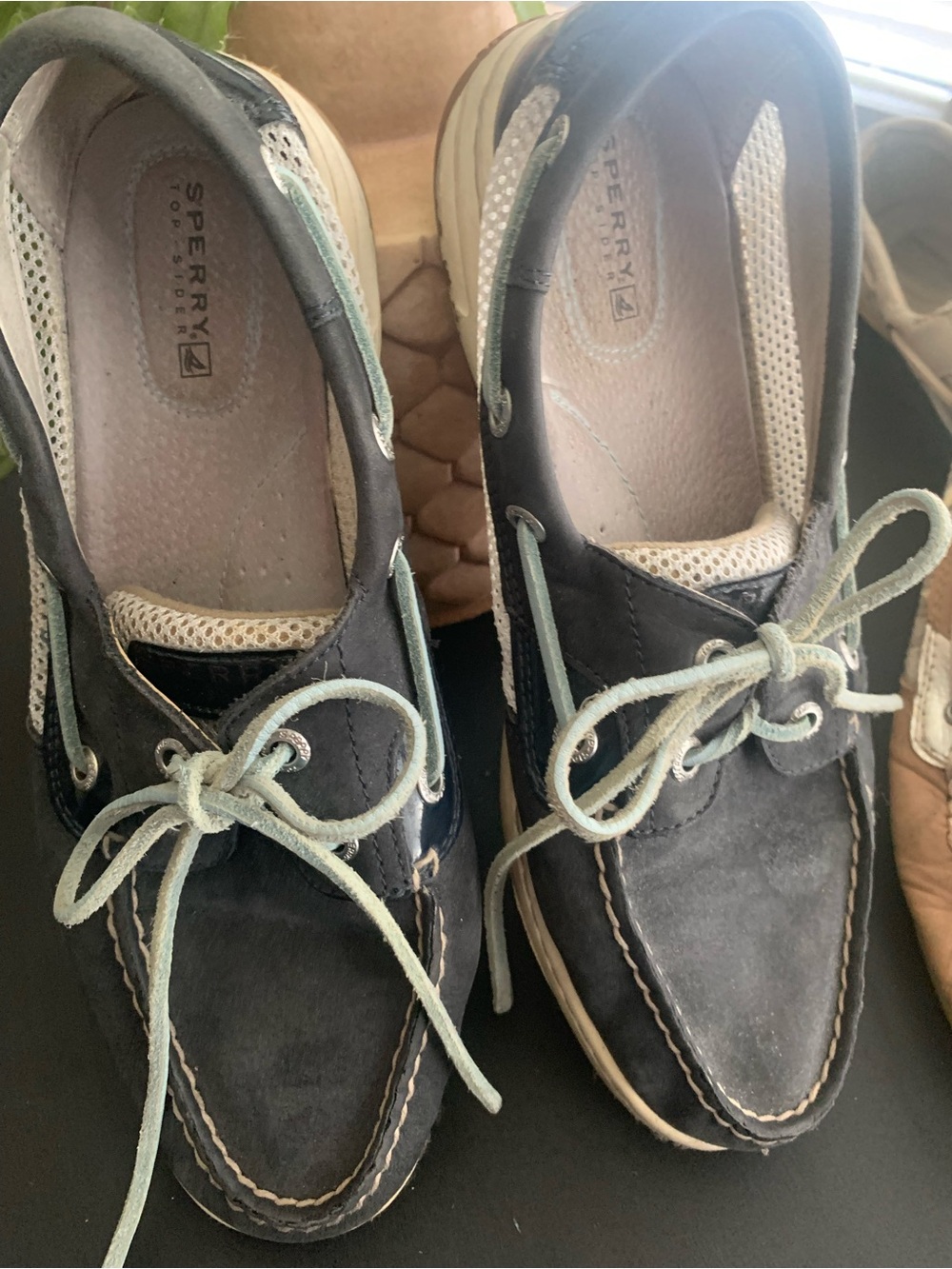 Sperry Navy Leather Boat Shoes with Mint Laces